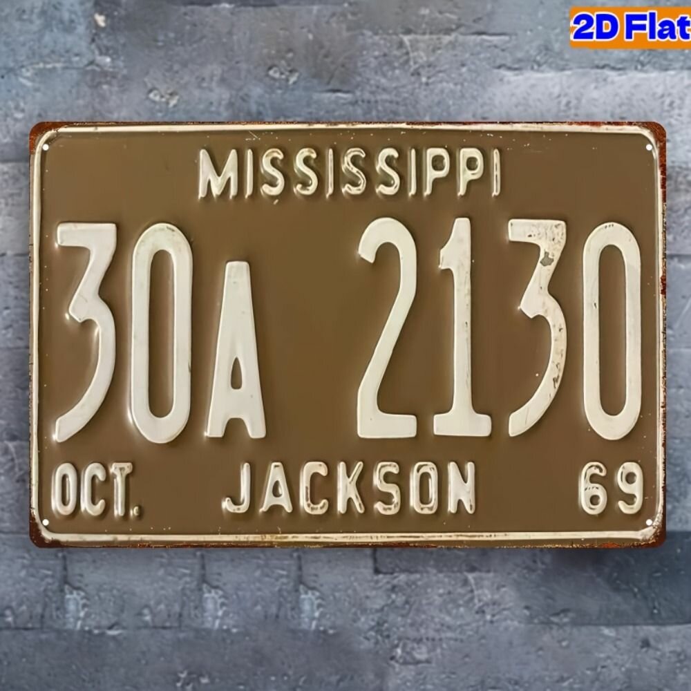 Табличка "Mississippi 30A 2130 Jackson", ретро стиль, металл, декор с американской штатной культурой, 15х30 см.