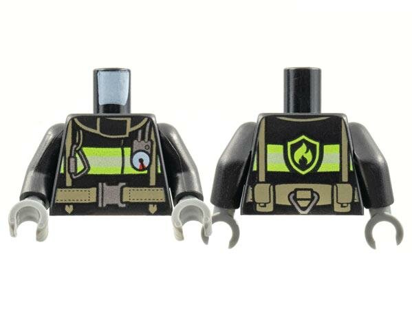 Деталь Lego 973pb1302c01 Torso Fire Uniform Jacket with Reflective Stripes and Logo on Back, Dark Tan Utility Belt and Straps, Silver Buckle, Caribiner, and Gauge Pattern / Black Arms / Dark Bluish Gray Hands
