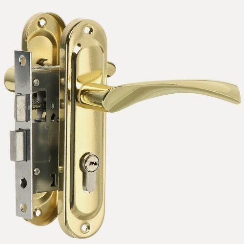 Изображение товара Врезной замок Vrata 50/76-ЦМВ70 с ручкой, цвет золото. Цилиндровый механизм, надежная сталь, 5 ключей в комплекте.