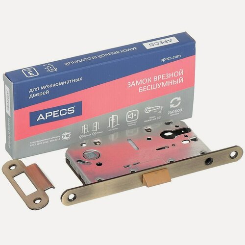 Изображение товара Замок врезной Apecs 5300-P-AB, 18126, цилиндровый, межосевое расстояние 85 мм, цвет бронза, универсальный, без ручки