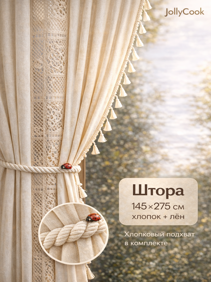 Штора на окно JollyCook кружевная, лен и хлопок, 275x150 см, светло-бежевая