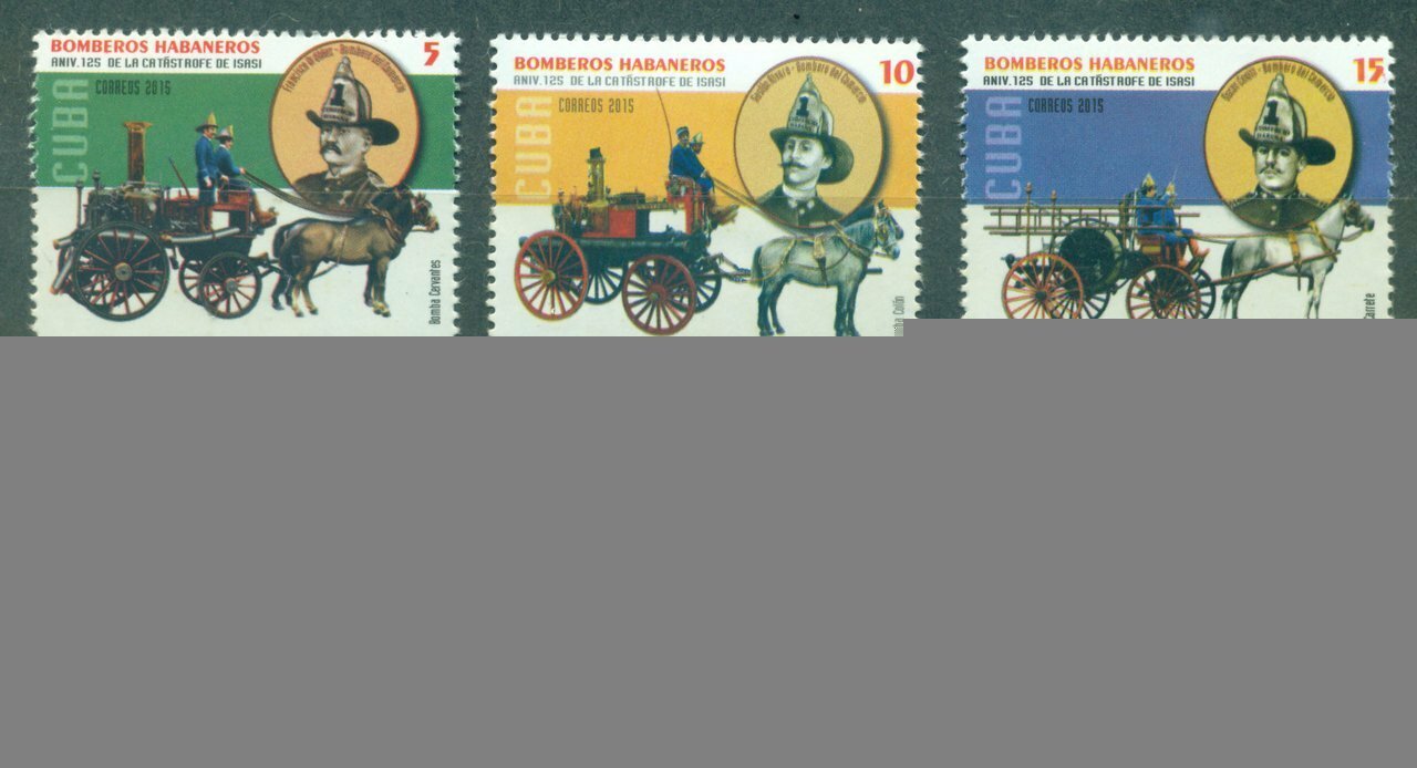 Почтовые марки Куба 2015г. "Пожаротушение - 125-летие Великого пожара 1890 года" Лошади, Пожарные, Пожарные, Повозки MNH