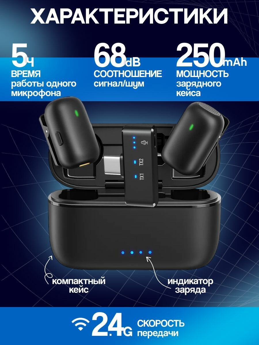 Микрофон петличный беспроводной 2 шт, петличка с шумоподавлением для iPhone, Android, Lightning и Type-C. Идеален для видео, интервью и подкастов
