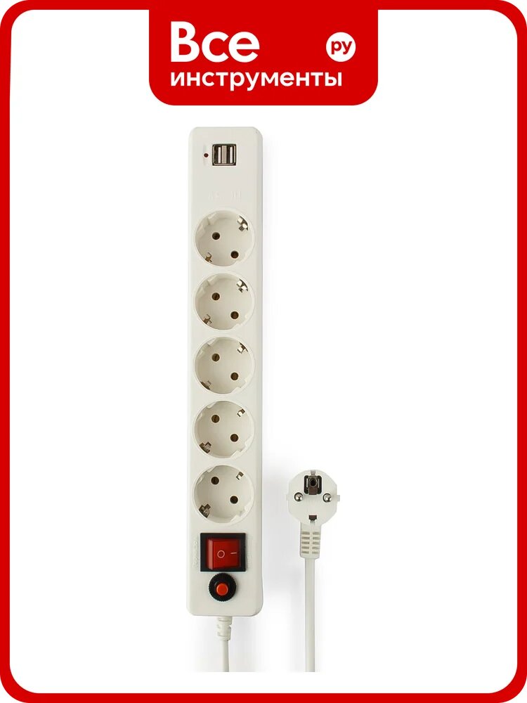 Сетевой фильтр Гарнизон 5р, 10А, 2xUSB, 1.8м, ур. защиты 4, белый, пакет, ECL-5-U2-W-1.8