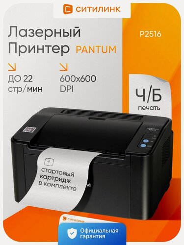 Изображение товара Принтер лазерный Pantum P2516 для малого и среднего офиса черно-белый | A4, 22 стр/мин, USB, черный