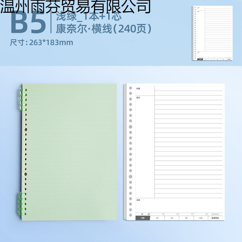 B5 Cornell Spiral Notebook с линейками, светло-зеленый, 1 обложка + 2 блока (240 страниц)