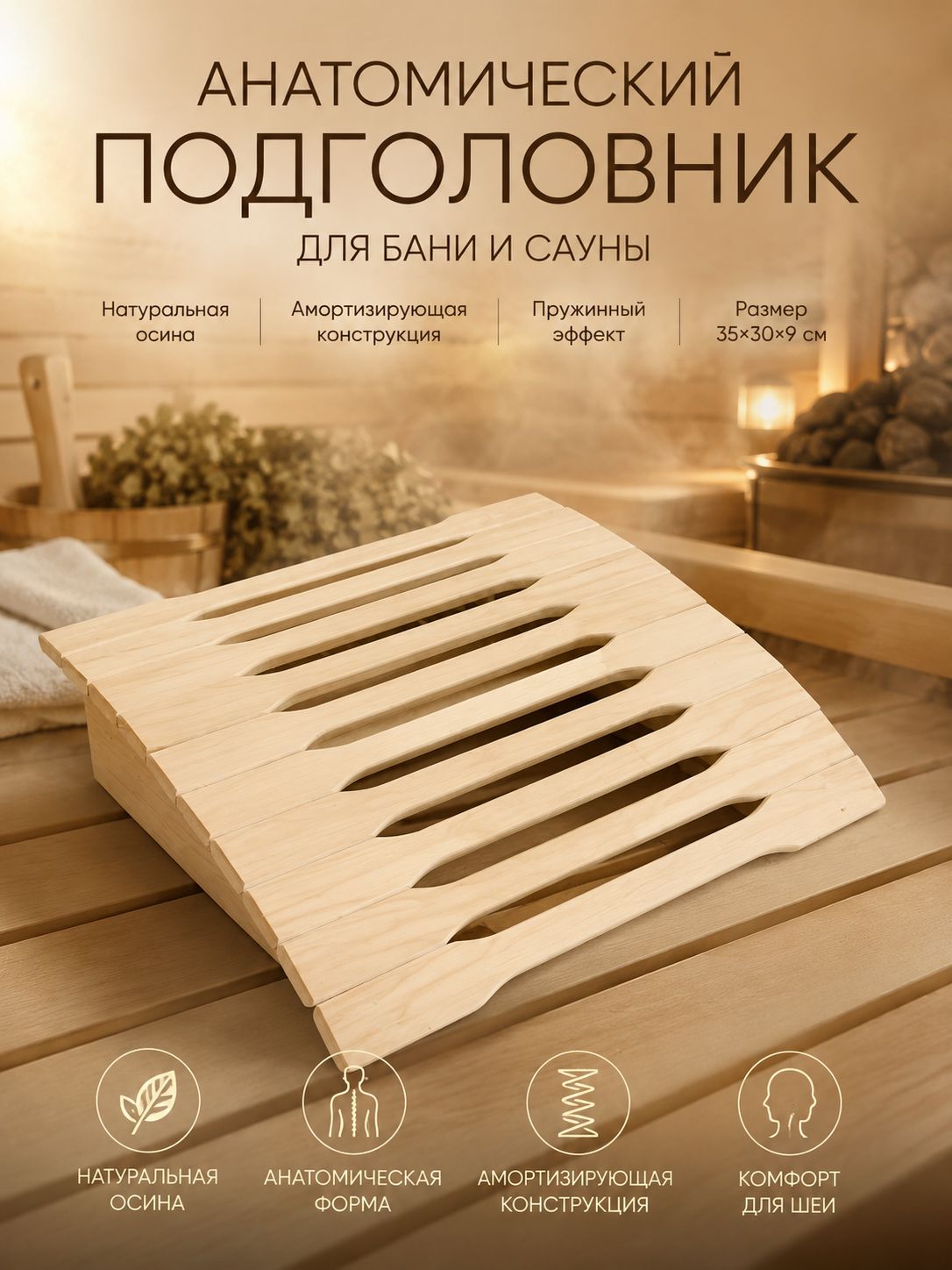 Подголовник амортизирующий для бани и сауны из осины анатомический, пружинный, 35х30х9 см, фигурная рейка