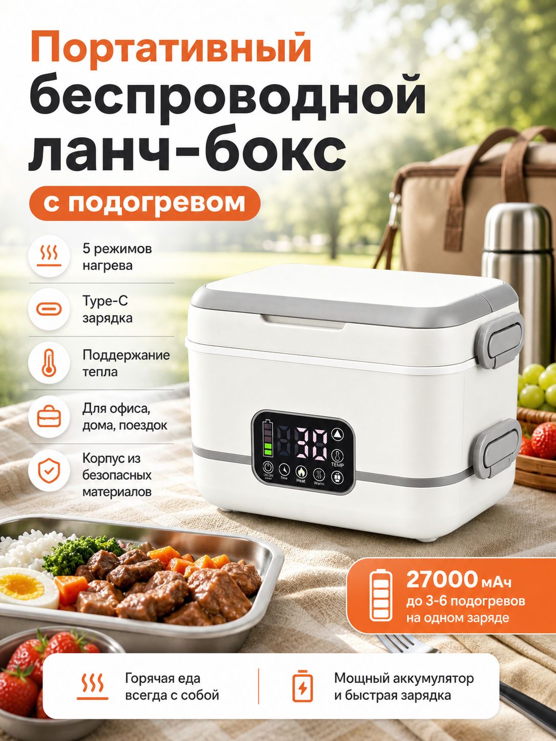 Беспроводной электрический ланч-бокс , аккумулятор 27000 мАч, 5 режимов нагрева, лоток SUS304 объёмом 1,5 л, Type-C зарядка, для офиса, кемпинга и поездок