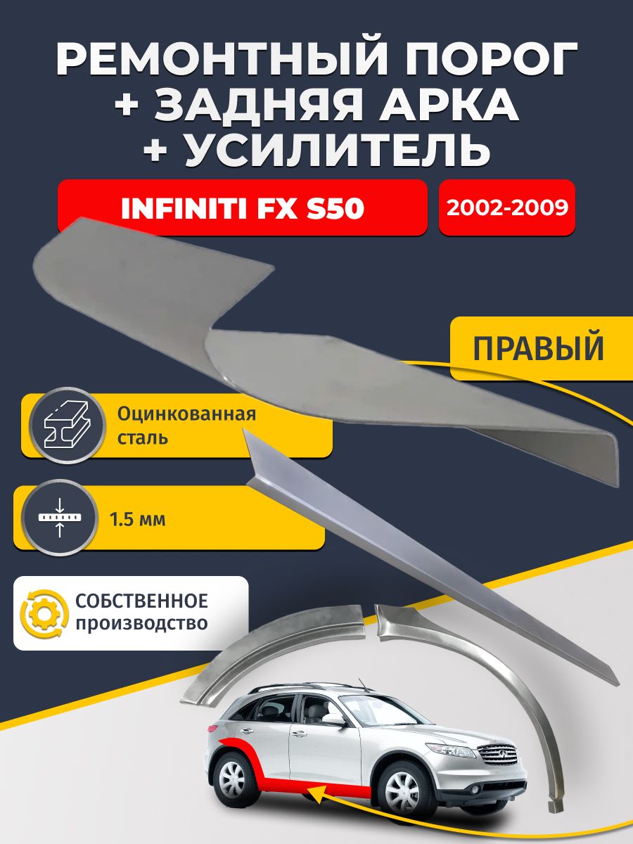 Правая ремонтная задняя арка (0,8 мм) и правый ремонтный стандартный порог (1,5 мм) + усилитель (1,5 мм) на Infiniti FX S50 2002 - 2009 (Инфинити ФХ35). Материал оцинкованная сталь.