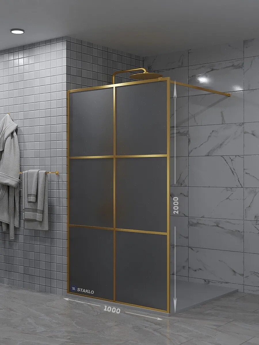 Loft душевая одиночная перегородка staklo 100x200 из серого графит матового стекла золото фурнитура