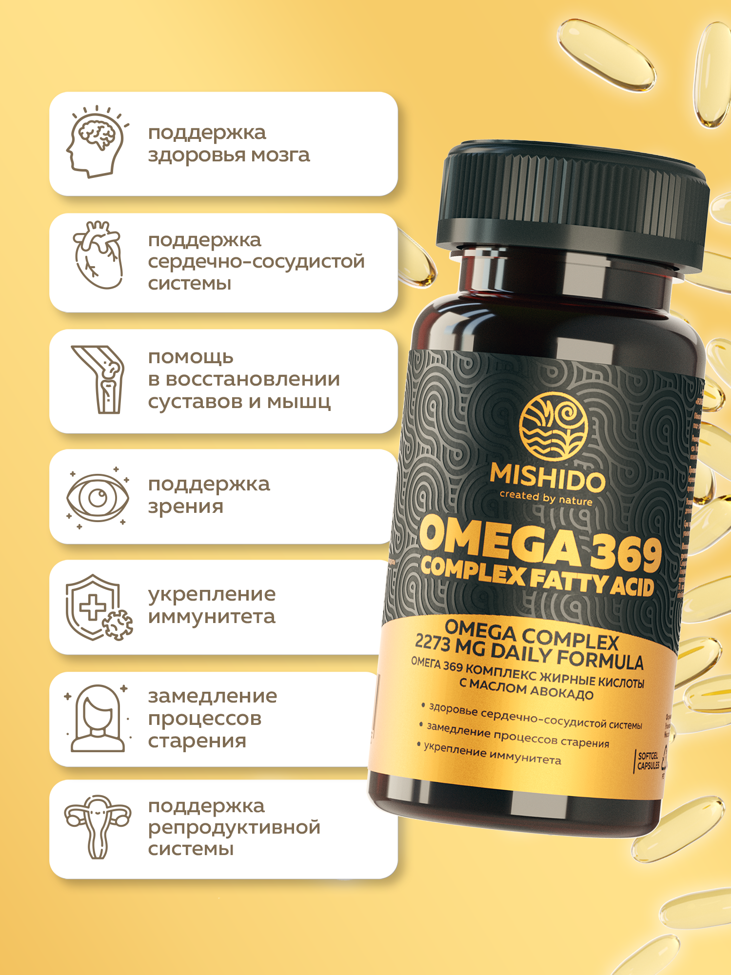 Омега 3-6-9 MISHIDO OMEGA 60 капсул с маслом авокадо, рыбий жир для сердца мозга и иммунитета — фото 1