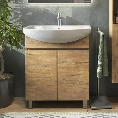 Изображение товара Тумба с раковиной Vigo Wing 70 напольная, 71,5 см, светлое дерево, матовая, из ЛДСП, с дверками, раковина для ванной, фарфоровая, полукруглая