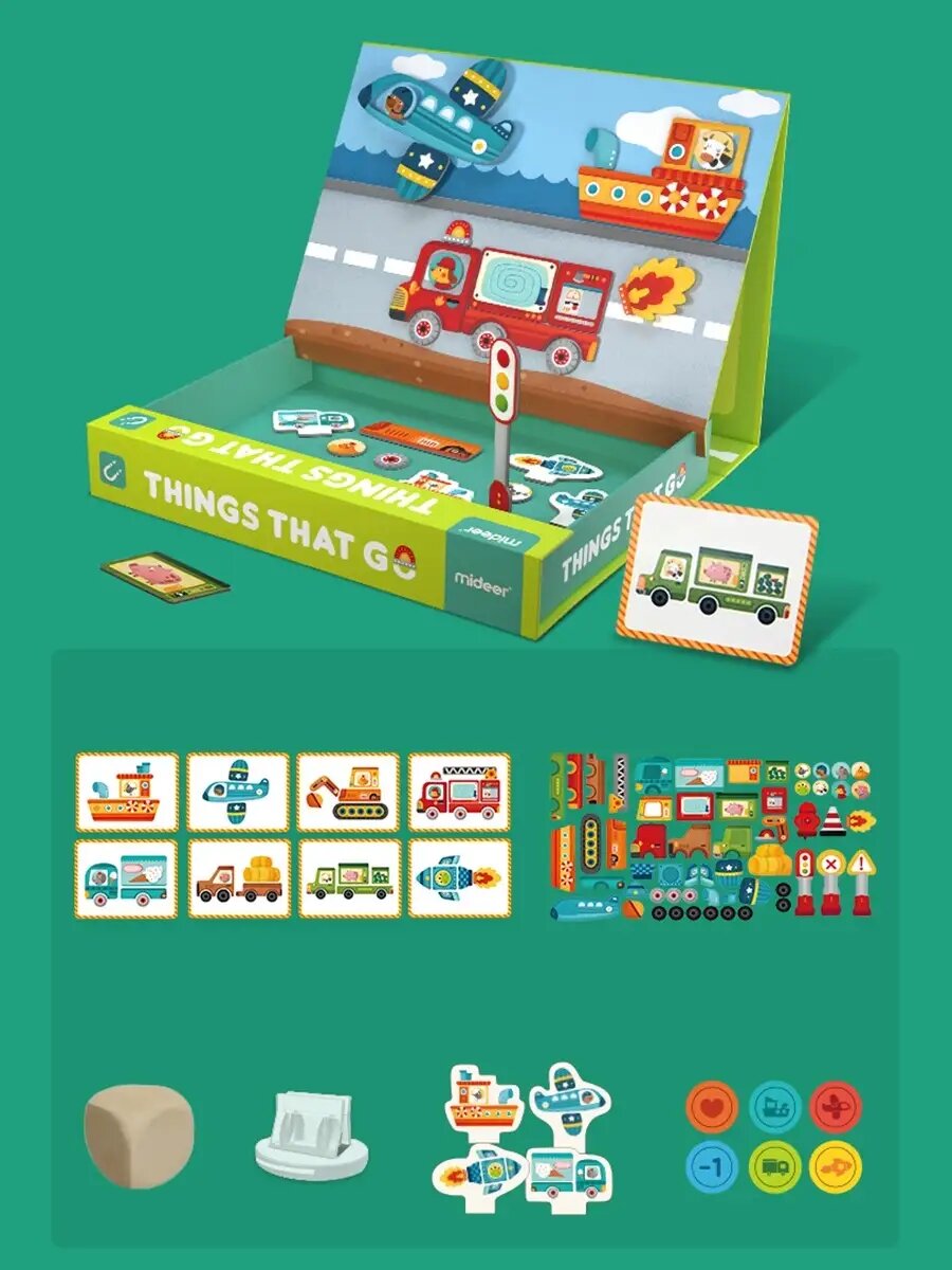 Магнитный пазл Фантазер «Транспорт» – 59 магнитов, 8 карточек, яркая развивающая игра для детей, собирай свои машины! — фото 1