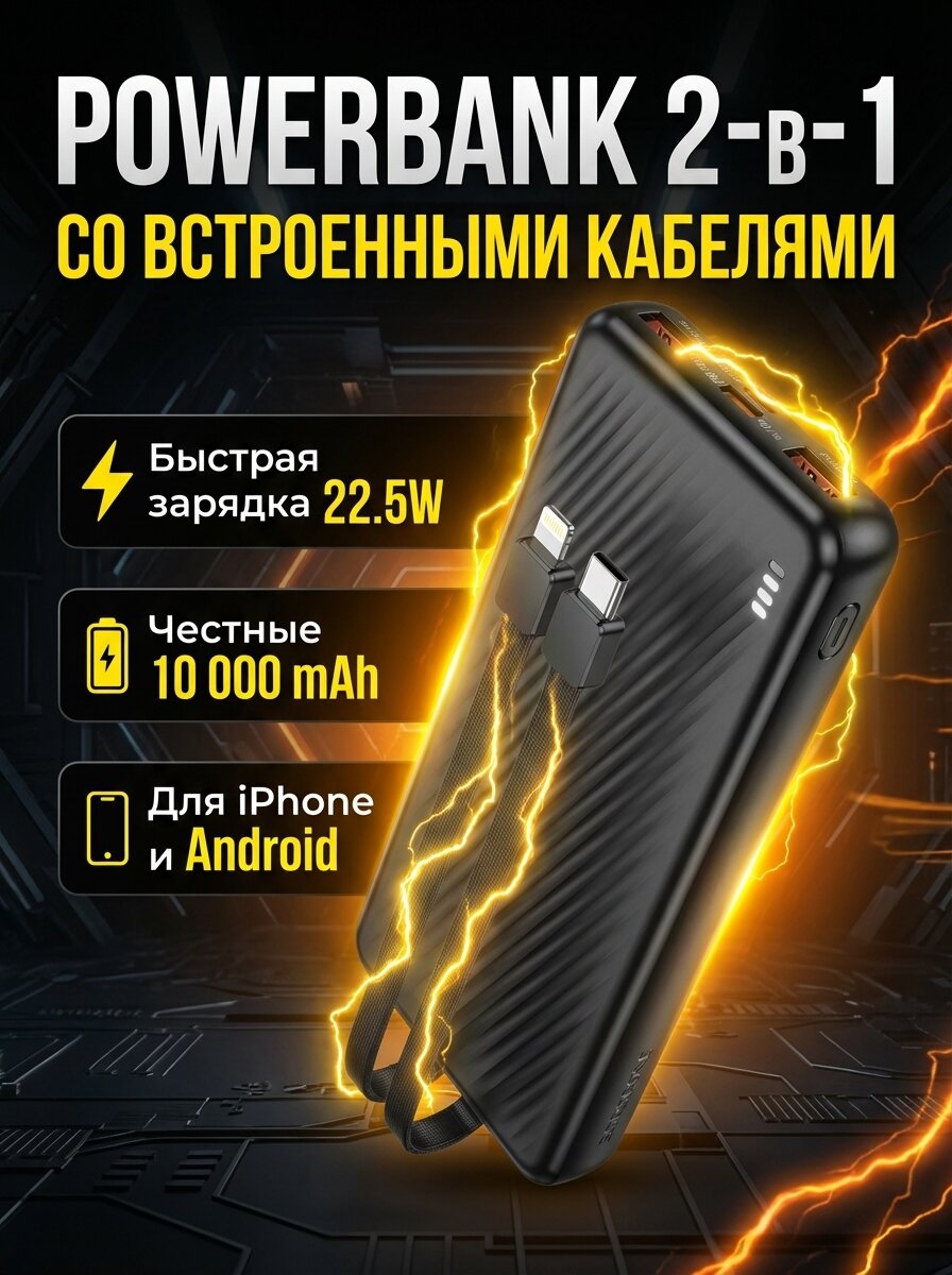 Универсальный повербанк 10000 mAh с кабелями 2в1 для iPhone и Android. — фото 1