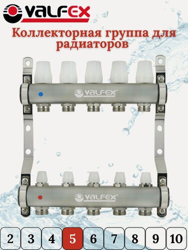 Изображение товара Коллекторная группа из нержавеющей стали для радиаторов 1"х3/4" Valfex 5 отводов