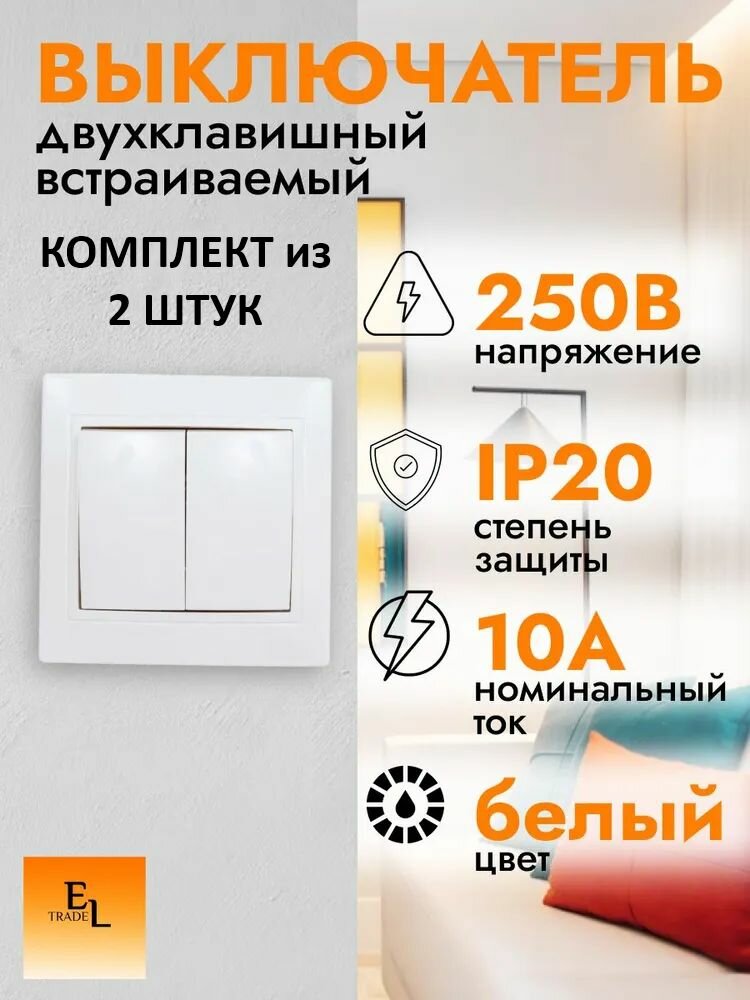 Выключатель двухклавишный встраиваемый белый, комплект из 2 штук,10А, 220В, IP20, Таймыр, TDM