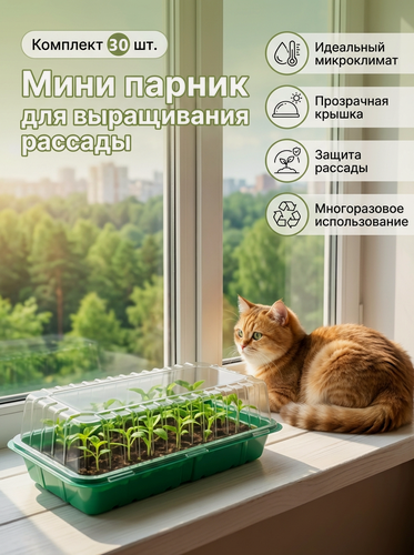 Изображение товара Мини парник для выращивания рассады х 30 шт, размер 43,5х21,5х8 см для 3-х вставок кассет / мини теплица домашняя