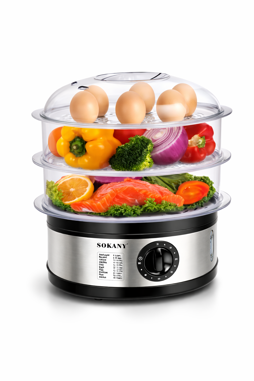 Пароварка SOKANY SK-07018, электрическая, 650Вт, 3 яруса, 11л, серебристо-чёрная