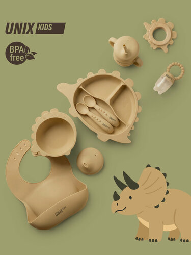 Изображение товара Набор детской посуды для кормления малыша 0+ UNIX Kids Dino / Дино силиконовый, 9в1 на присоске для детей, секционная тарелка, миска, нагрудник, кружка, поильник, 2 ложки, ниблер, прорезыватель