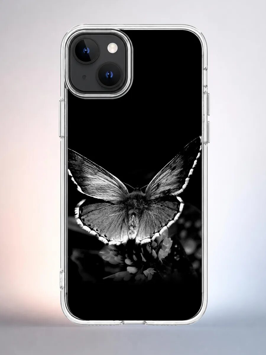 Чехол iPhone 13 бабочка чб силиконовый прозрачный