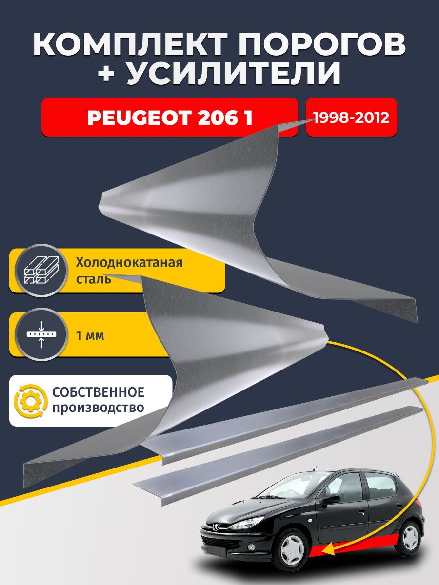 Ремонтные пороги комплект (2 шт.) и усилители (2 шт.) для Peugeot 206 1 1998-2012 Хэтчбек 5 дв, холоднокатаная сталь 1 мм. (Пежо 206), пороги и усилители. Кузовной ремонт.