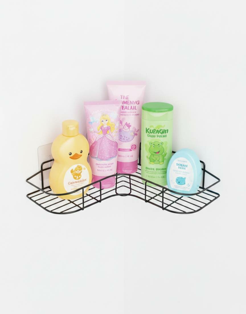 Полка для ванной и кухни угловая металлическая – без сверления, черная (Loft)