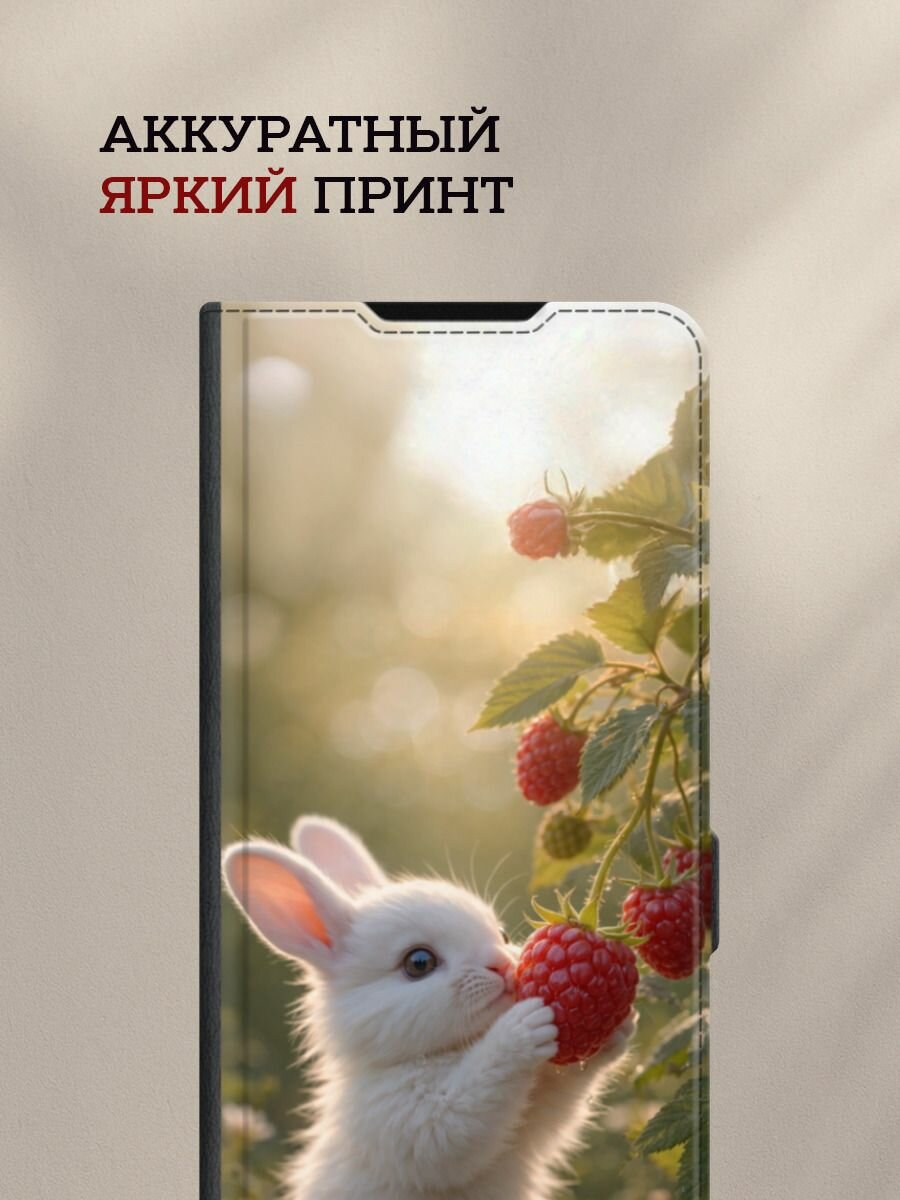 Чехол-книжка на Apple iPhone 15 Pro / Айфон 15 Про с принтом Зайчик с малиной, черный — фото 1