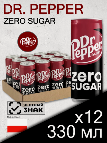 Изображение товара Dr. Pepper Zero Sugar, 0.33 л, 12 шт, банка (газированный напиток Доктор Пеппер Зеро Шугар, без сахара, диетический)