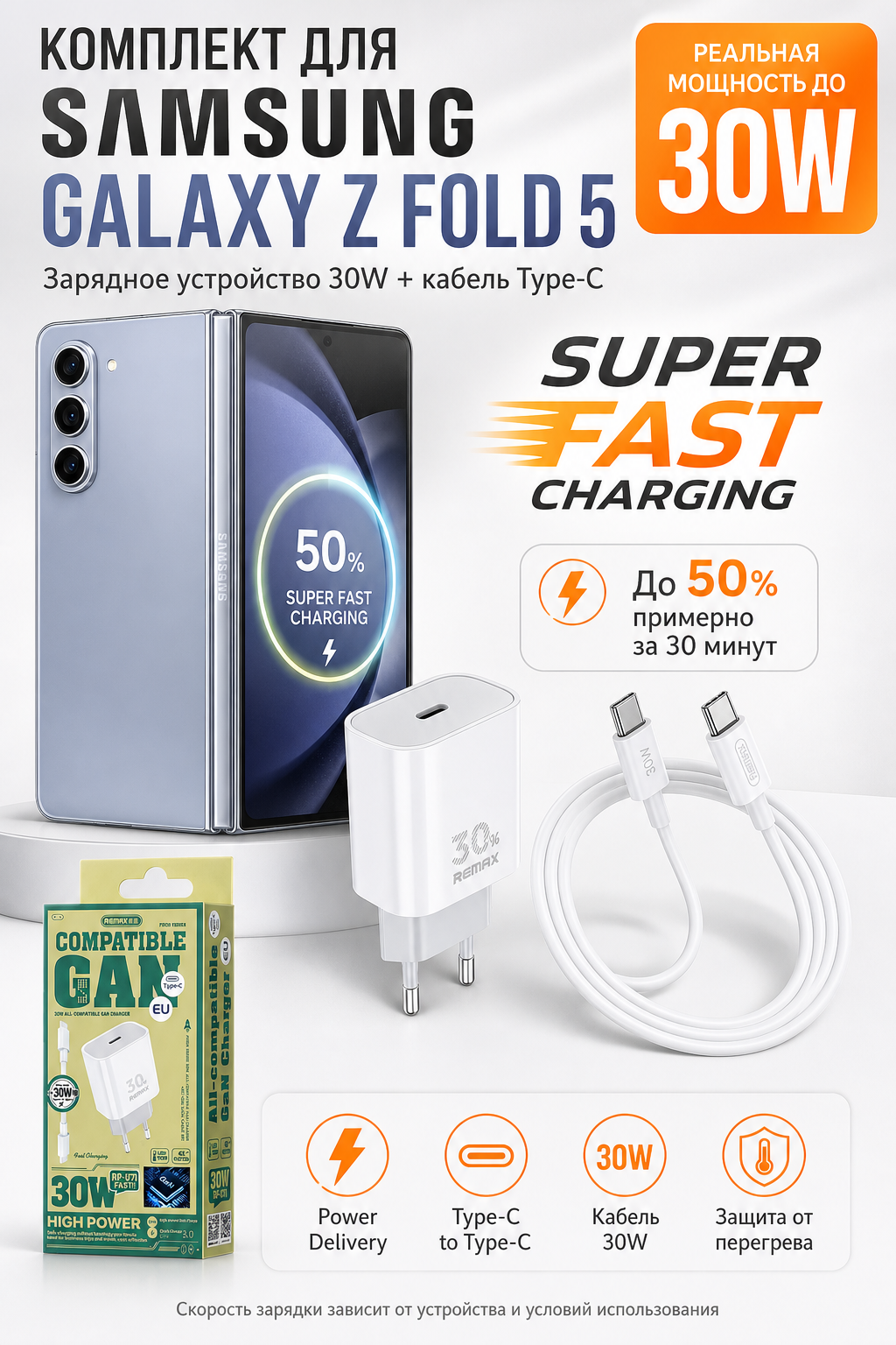 Комплект зарядки Galaxy Z Fold 5 блок и кабель USB Type-C 30 Вт быстрая зарядка