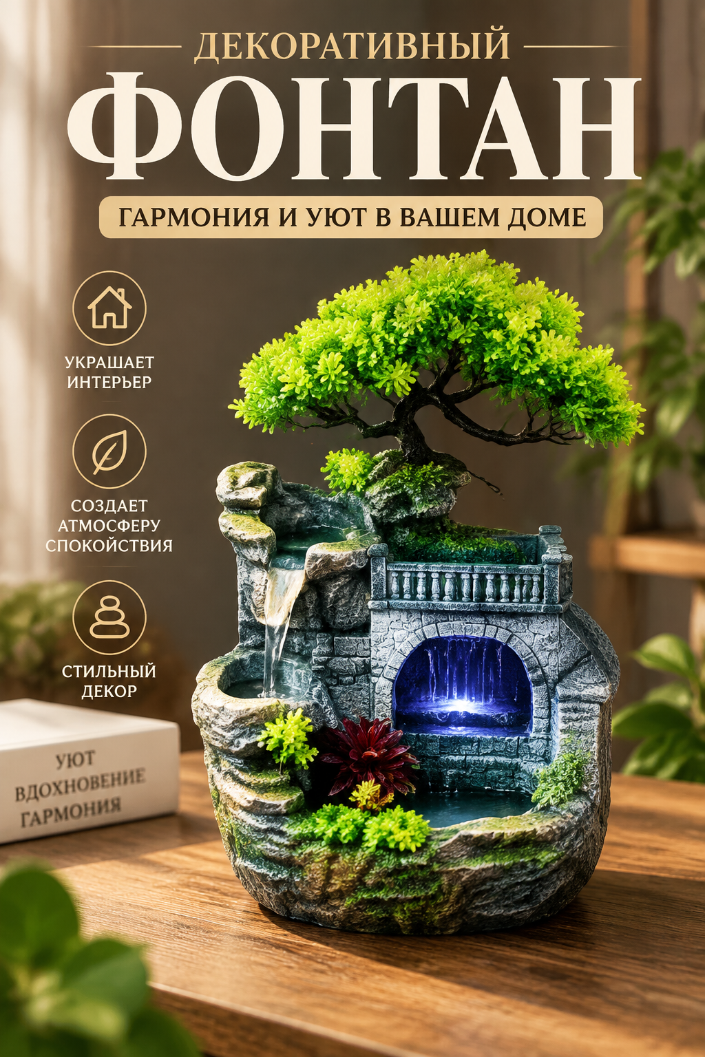 Декоративный настольный фонтан для дома из смолы, тёмно-серый, 22 см