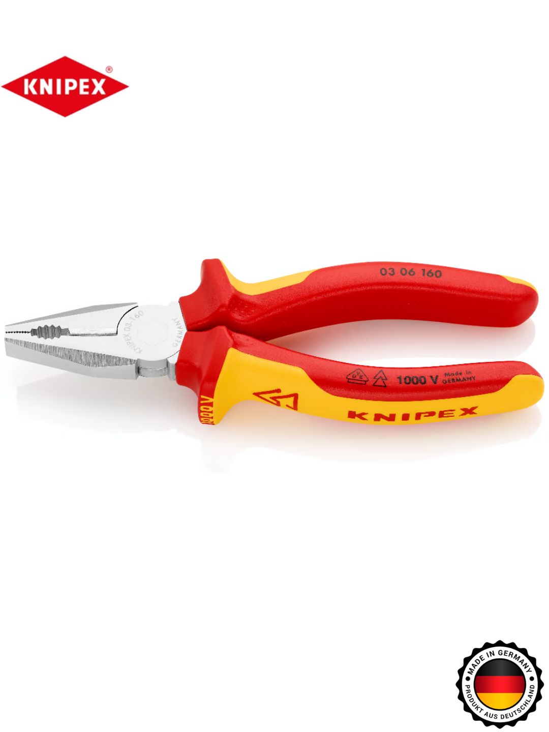 Пассатижи плоскогубцы комбинированные Knipex VDE, 160 мм, хром, 2-комп диэлектрические ручки KN-0306160,