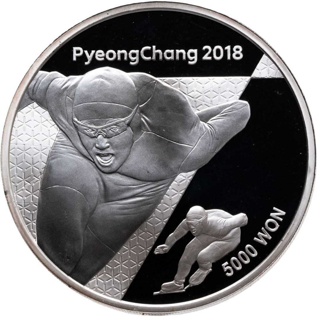 Южная Корея 5000 вон 2018 "Зимние Олимпийские игры 2018 года в Пхенчхане - Конькобежный спорт", Серебро 999, в сохранности Proof