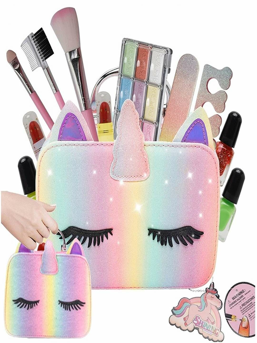 Детский набор косметики в радужной сумочке с зеркалом и кистями.