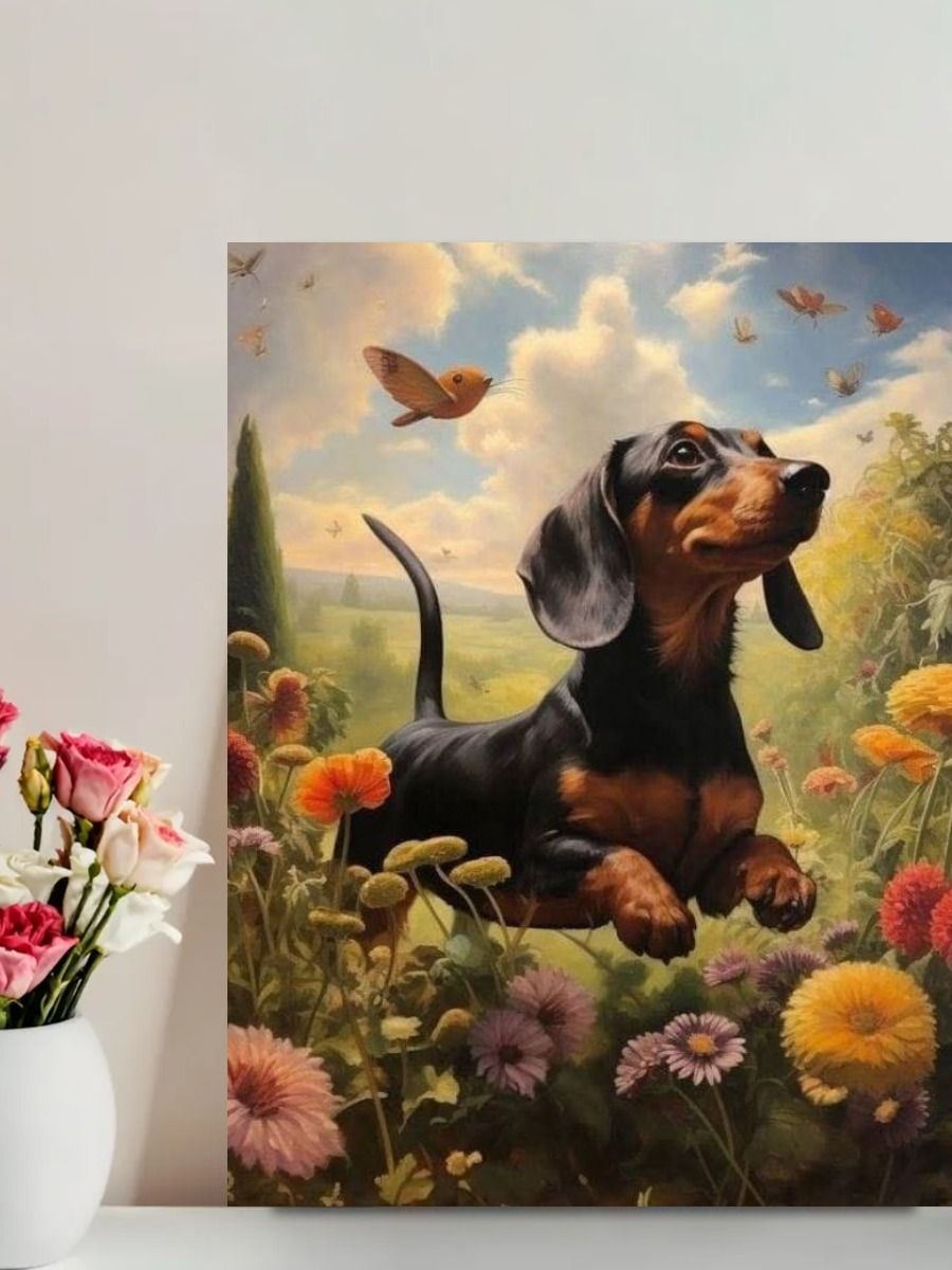 Картина "Художественная картина на холсте с собакой и цветами, 45 * 60cm" 45x60 см