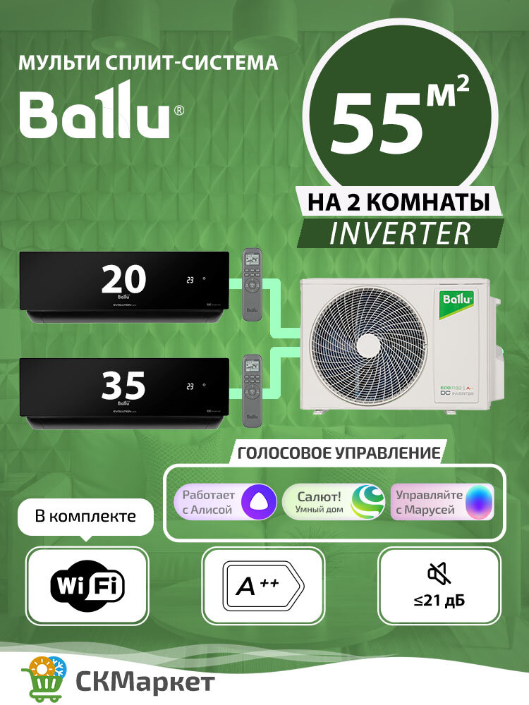 Мульти сплит система на 2 комнаты с Wi-Fi (20+35) кв. м. BALLU Platinum Evolution BSUI-FM/in-07+12 HN8/EU (BL)/ BA2OI-FM/out-18HN8/EU, кондиционер инверторный, комплект черного цвета