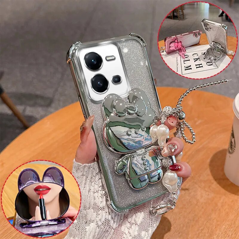 3D-чехол Для Телефона С Милым Кроликом И Зеркальной Подставкой Для Серебряный, Silver, Vivo V25e