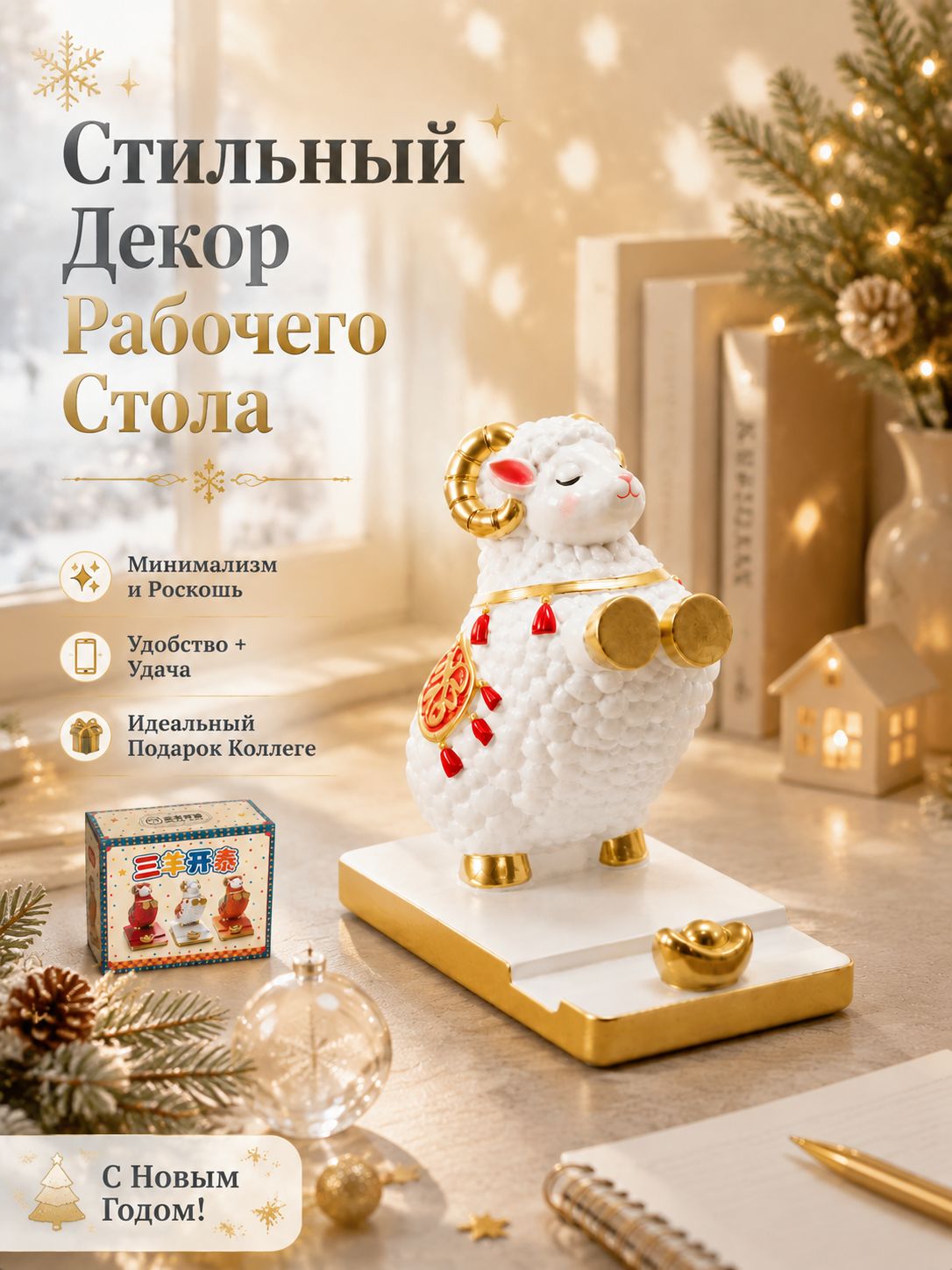 Новогодний сувенир овечка: декор стола + подставка для телефона, идеальный подарок
