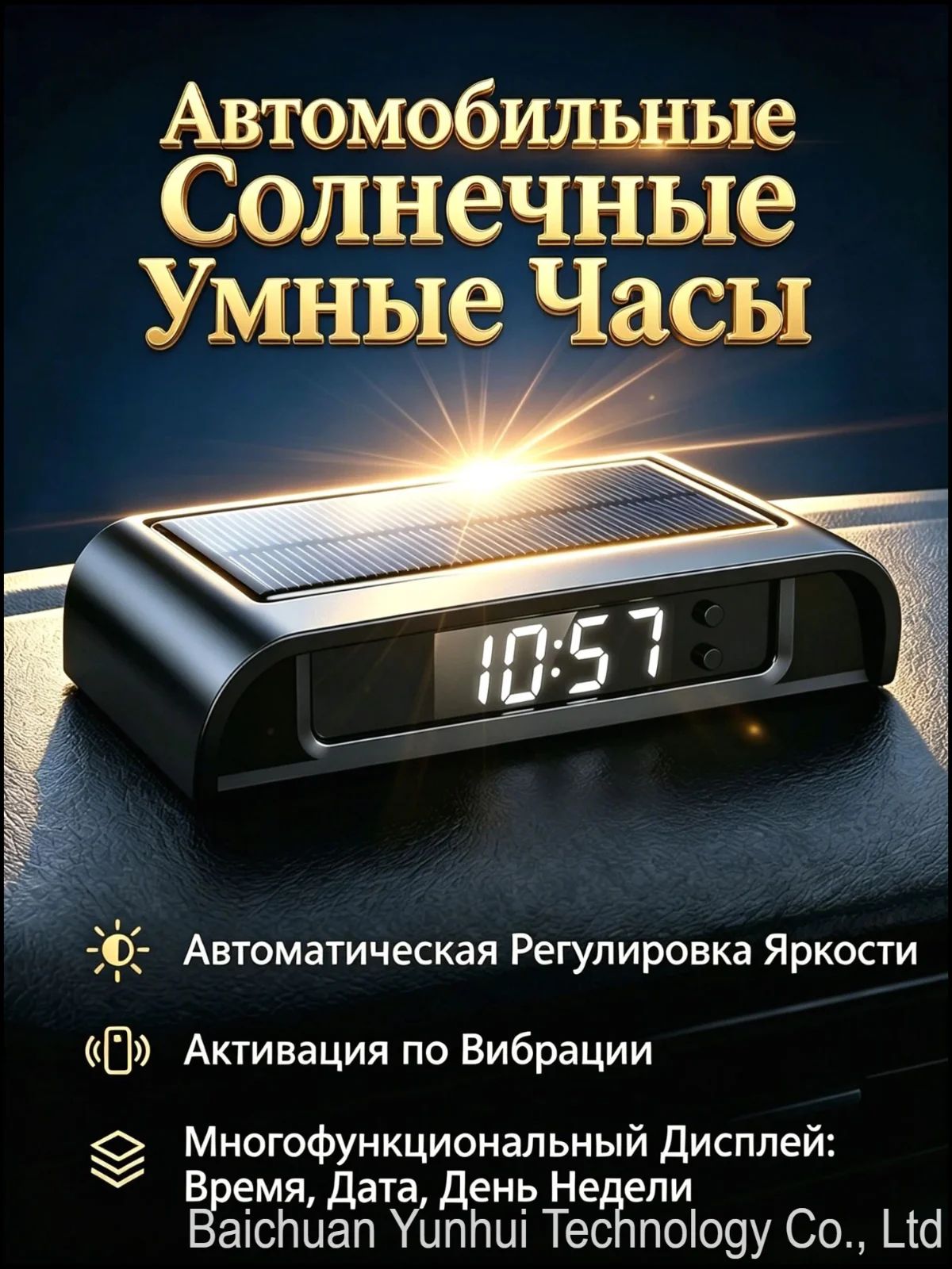 Солнечные автомобильные часы с термометром и ночным дисплеем