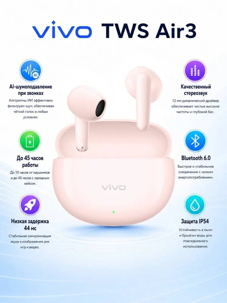 Vivo Наушники беспроводные с микрофоном Vivo TWS Air 3, Bluetooth, USB Type-C, розовый