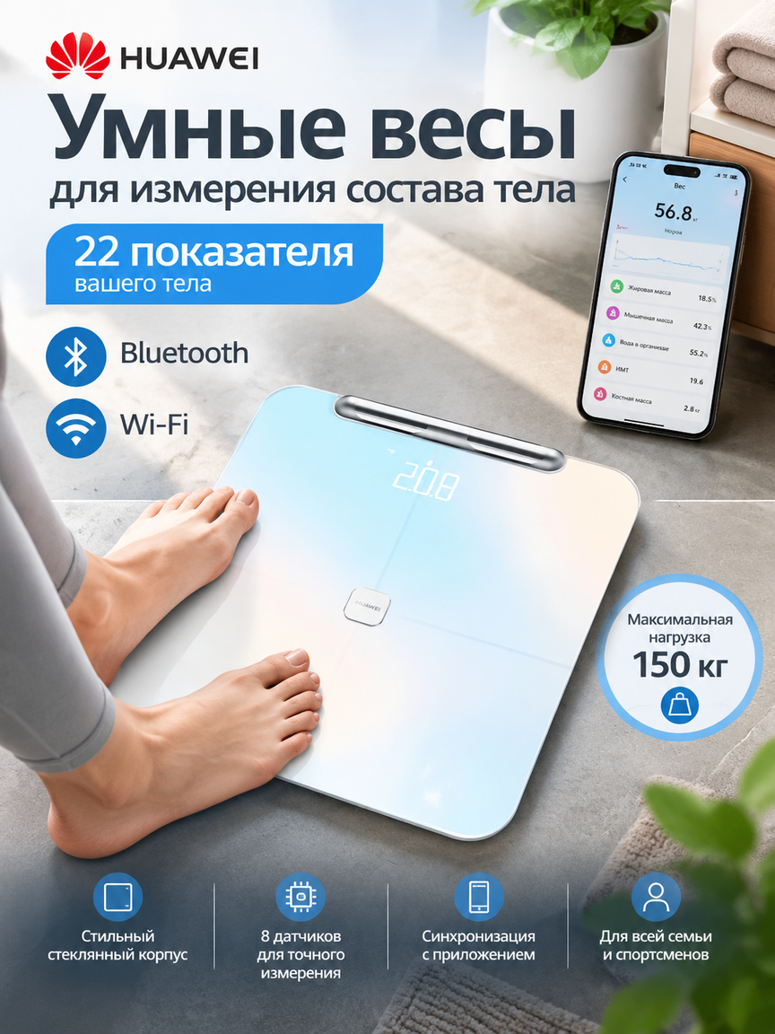 Умные весы напольные с анализом состава тела, 22 показателя, Wi-Fi и Bluetooth, до 150 кг, белые