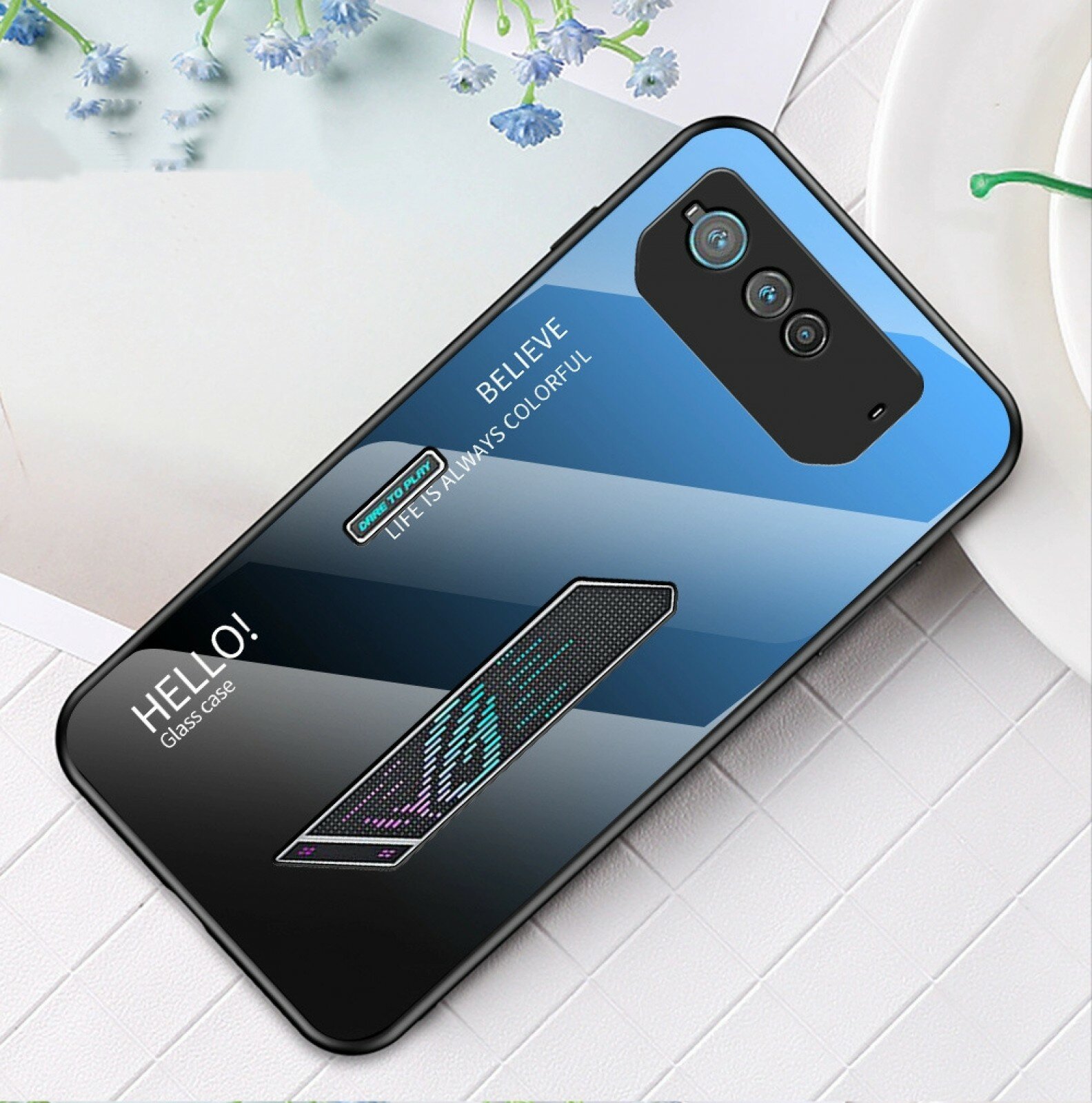 Тонкий силиконовый чехол-бампер MyPads Gradiente для Asus ROG Phone 6 с закаленным стеклом и синим градиентом