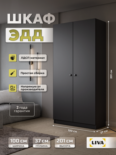 Изображение товара Шкаф для одежды, распашной шкаф с полками и штангой, графит ЭДД 100x200.6x37.2, LIVA