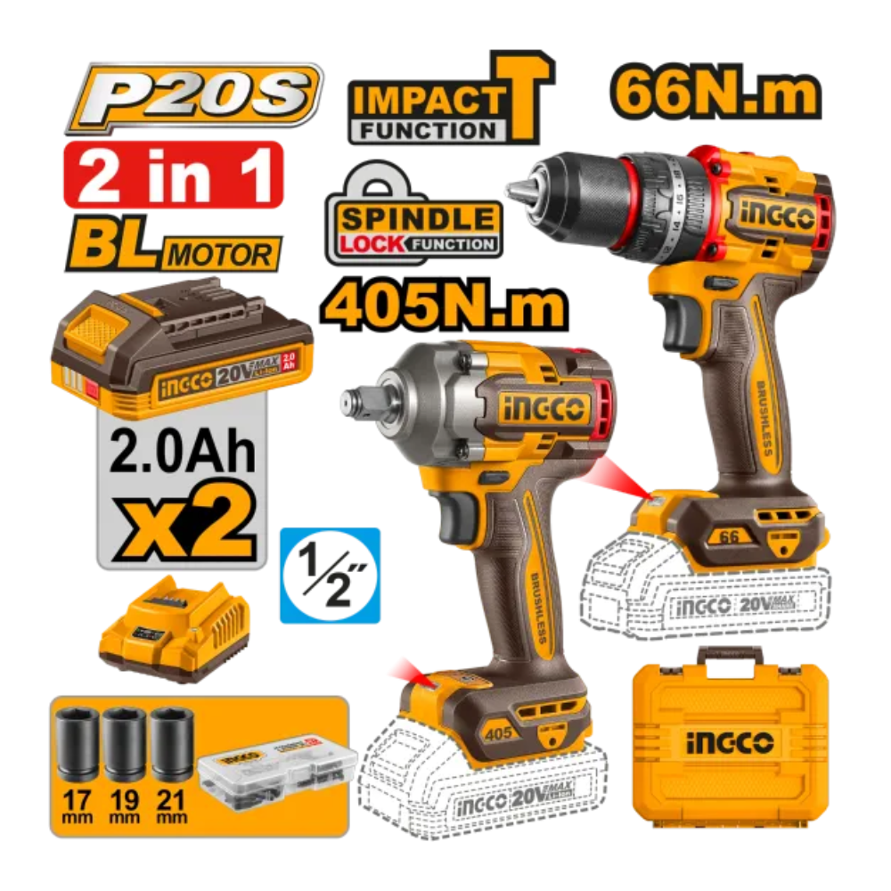 Набор аккумуляторных инструментов INGCO CKLI20286, с ударной дрелью и гайковертом