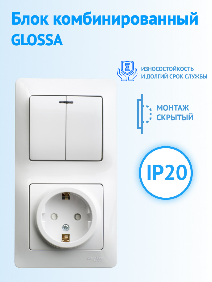Блок Systeme Electric Glossa с двухклавишным выключателем с индикацией и розеткой с заземлением со шторками белый