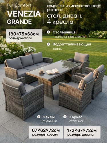 Изображение товара Садовая мебель Full Comfort - VENEZIA-GRANDE из искусственного ротанга серый (стол, 3-местный диван, 4 кресла)