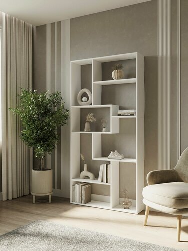 Изображение товара Стеллаж деревянный напольный, перегородка, открытый с полками Джаакко, Белый, (ШхВхГ) 90х178,8х21 см.