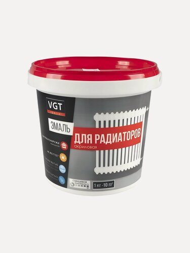 Изображение товара Эмаль акриловая VGT ВД-АК-1179 для радиаторов, глянцевая, супербелая, 1 кг. Термостойкая краска для металла