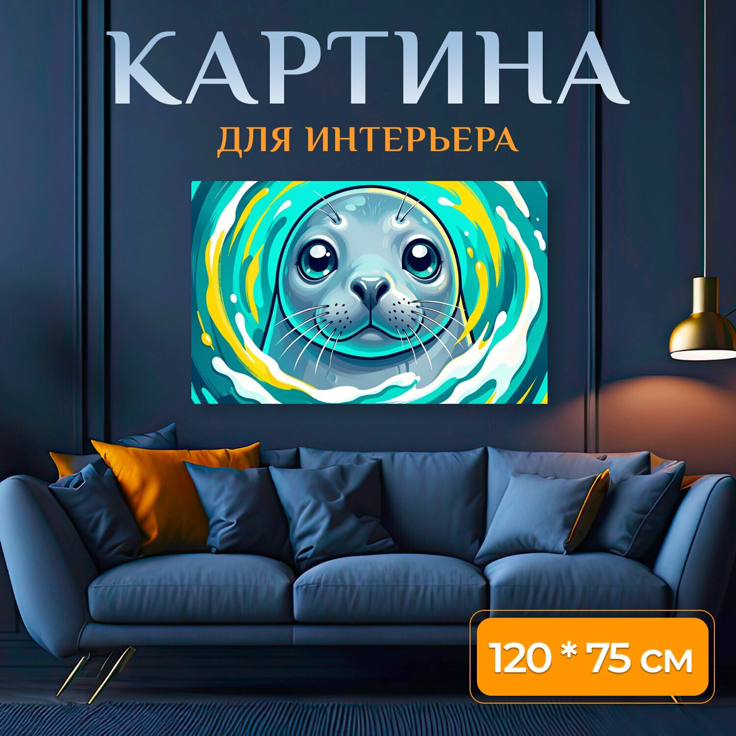Картина на холсте "Морской тюлень в ярких волнах. Милый морской зверёк с большими выразительными глазами в окружении динамичных бирюзовых." на подрамнике 120х75 см. для интерьера