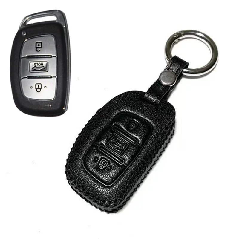 Кожаный чехол для ключей для Hyundai Elantra, ix35, ix25, Tucson, Sonata 9, Name, iLoad с кольцевым замком - Чёрный