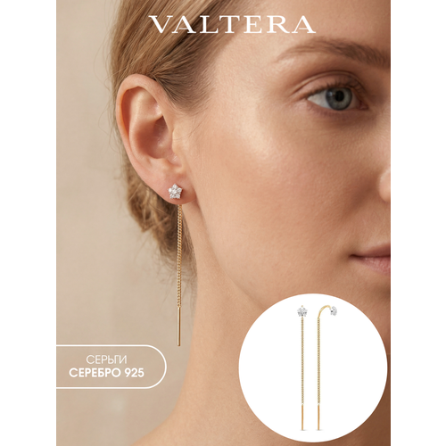 фото Серьги цепочки valtera, серебро, 925 проба, золочение, фианит, размер 50 мм, длина 5 см, , красный